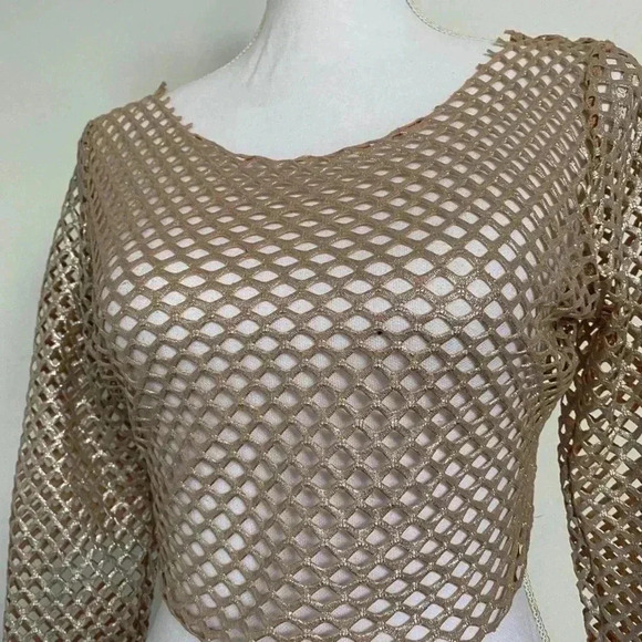 Silver & tan fishnet mesh cropped long sleeve. - Picture 2 of 3